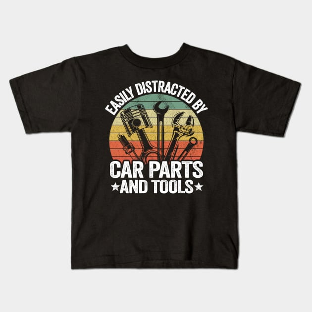 Easily Distracted By Car Parts And Tools Funny Mechanic Kids T-Shirt by Kuehni